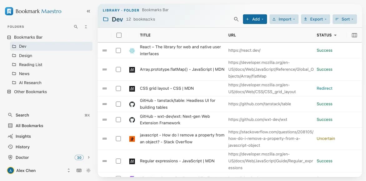 Bookmark Maestro's manager: the folder tree and Doctor checks in the left rail, a folder's bookmarks in a table with search, filters, batch selection and per-row link status