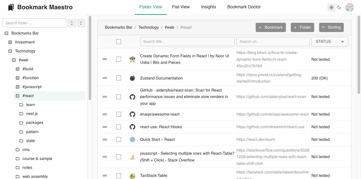 Screenshot of Bookmark Maestro's folder view interface