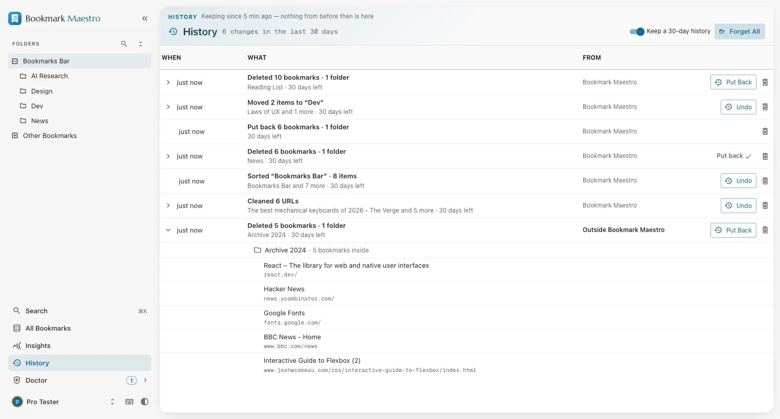 The History page listing a deleted folder of ten bookmarks with a Put back button, a URL clean, a sort and a move each with Undo, and a deletion made outside Bookmark Maestro